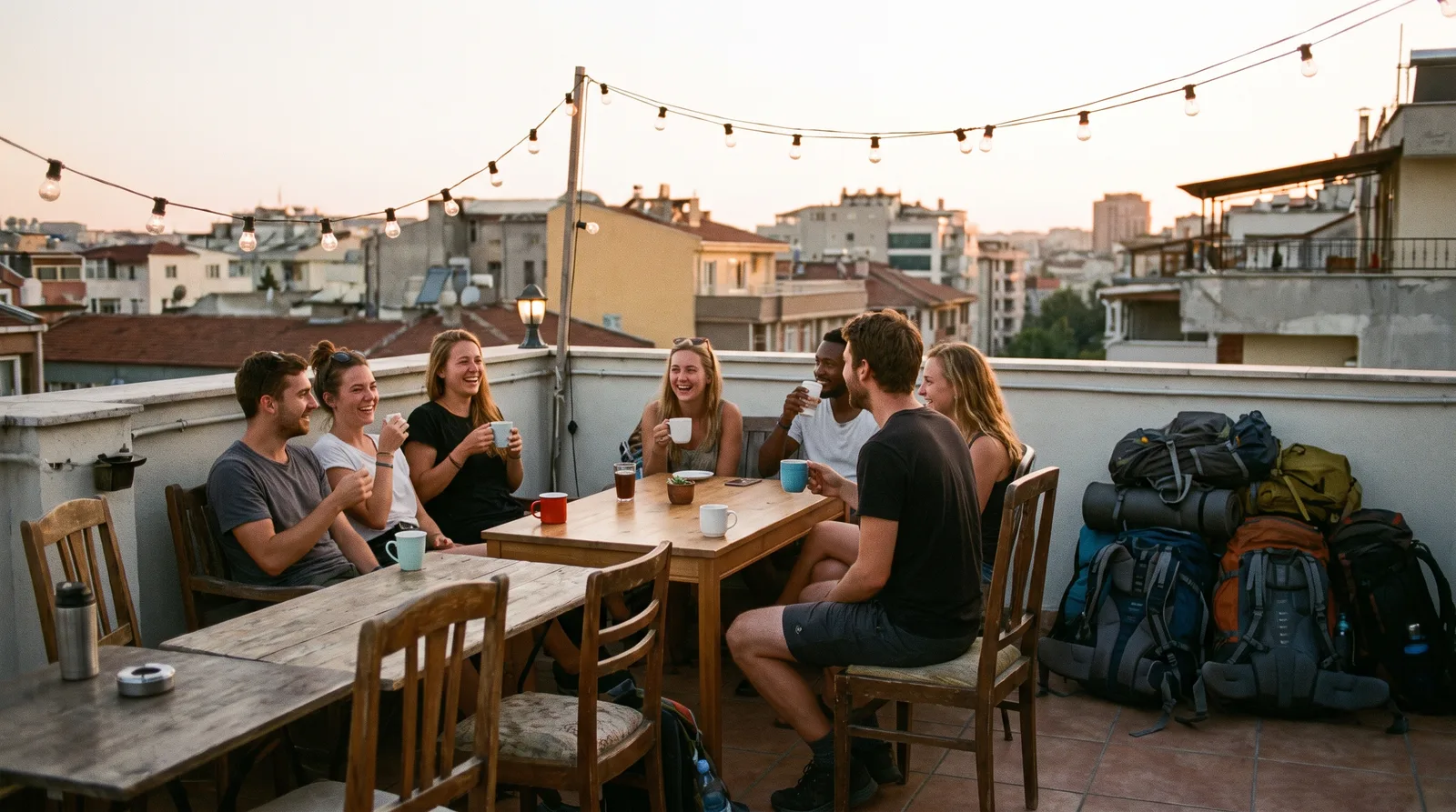 Backpackers relaxing on a hostel rooftop terrace during a group tour