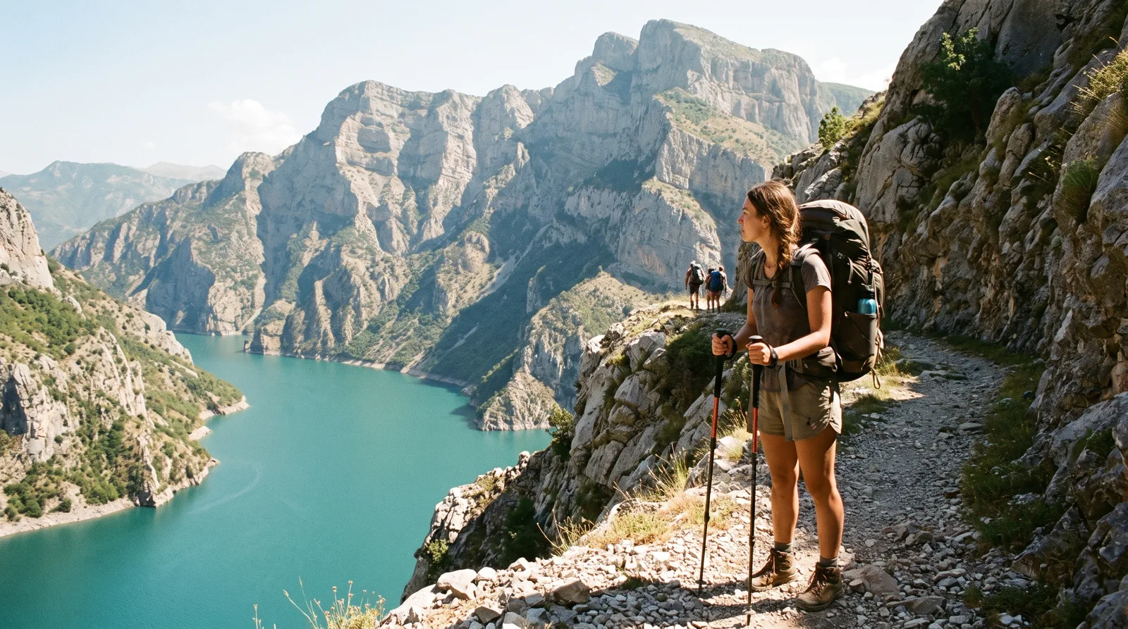 Backpacker hiking the mountain trail above Koman Lake in northern Albania
