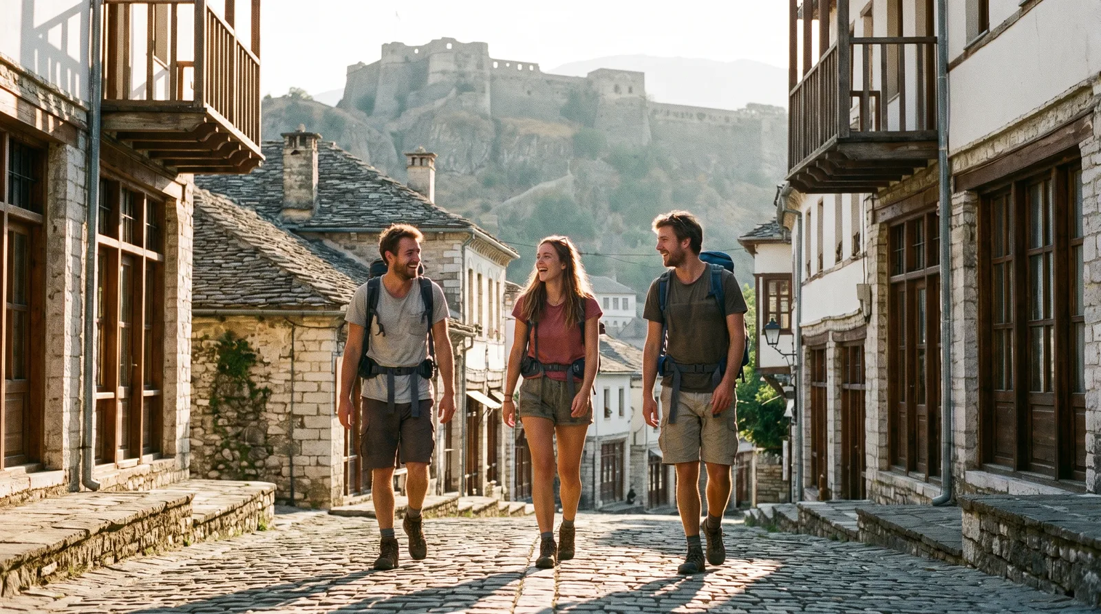 Young travellers exploring the historic stone streets of Gjirokastra old town in Albania