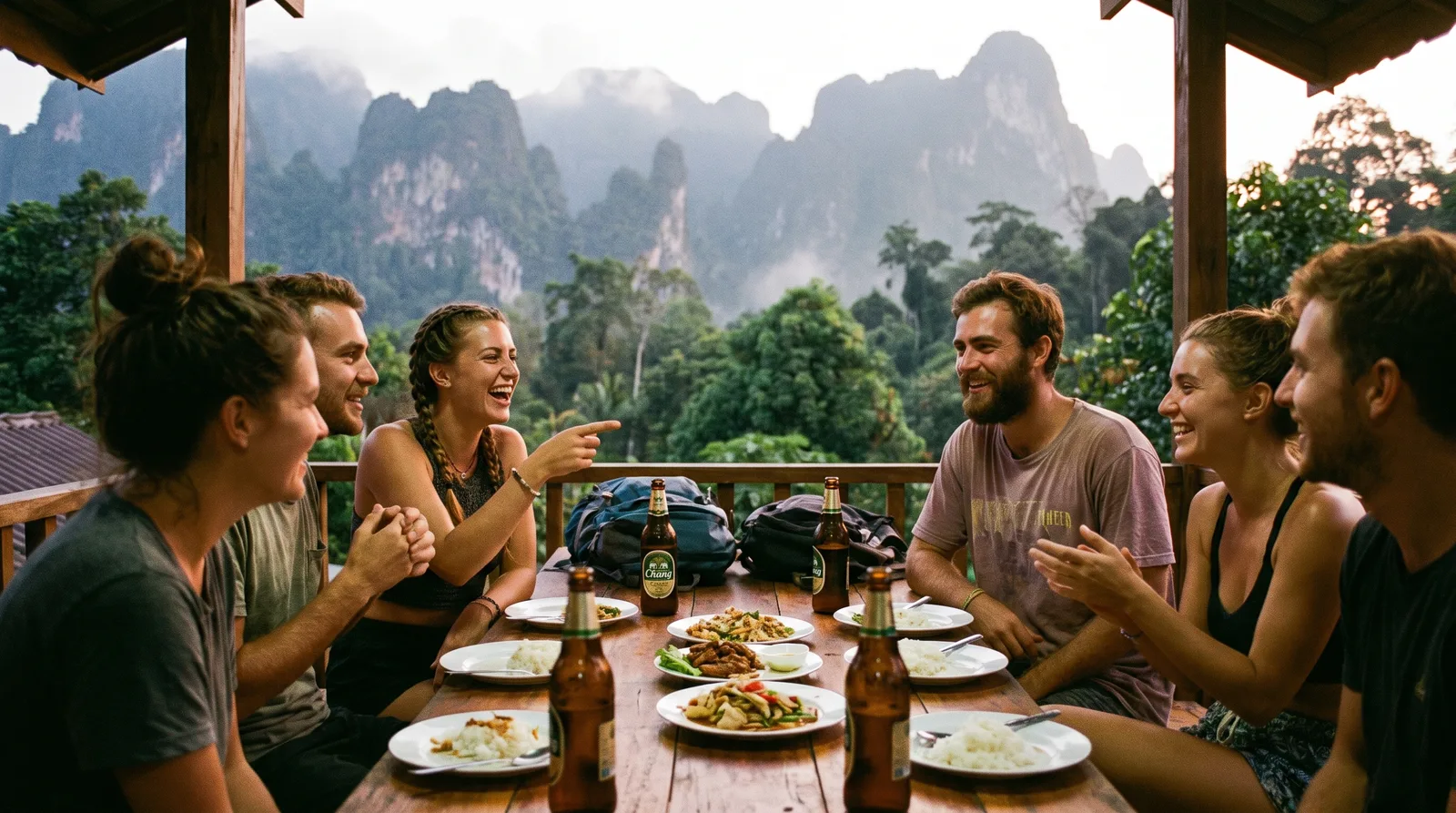 Travellers bonding over dinner at bungalow accommodation in Khao Sok, Thailand