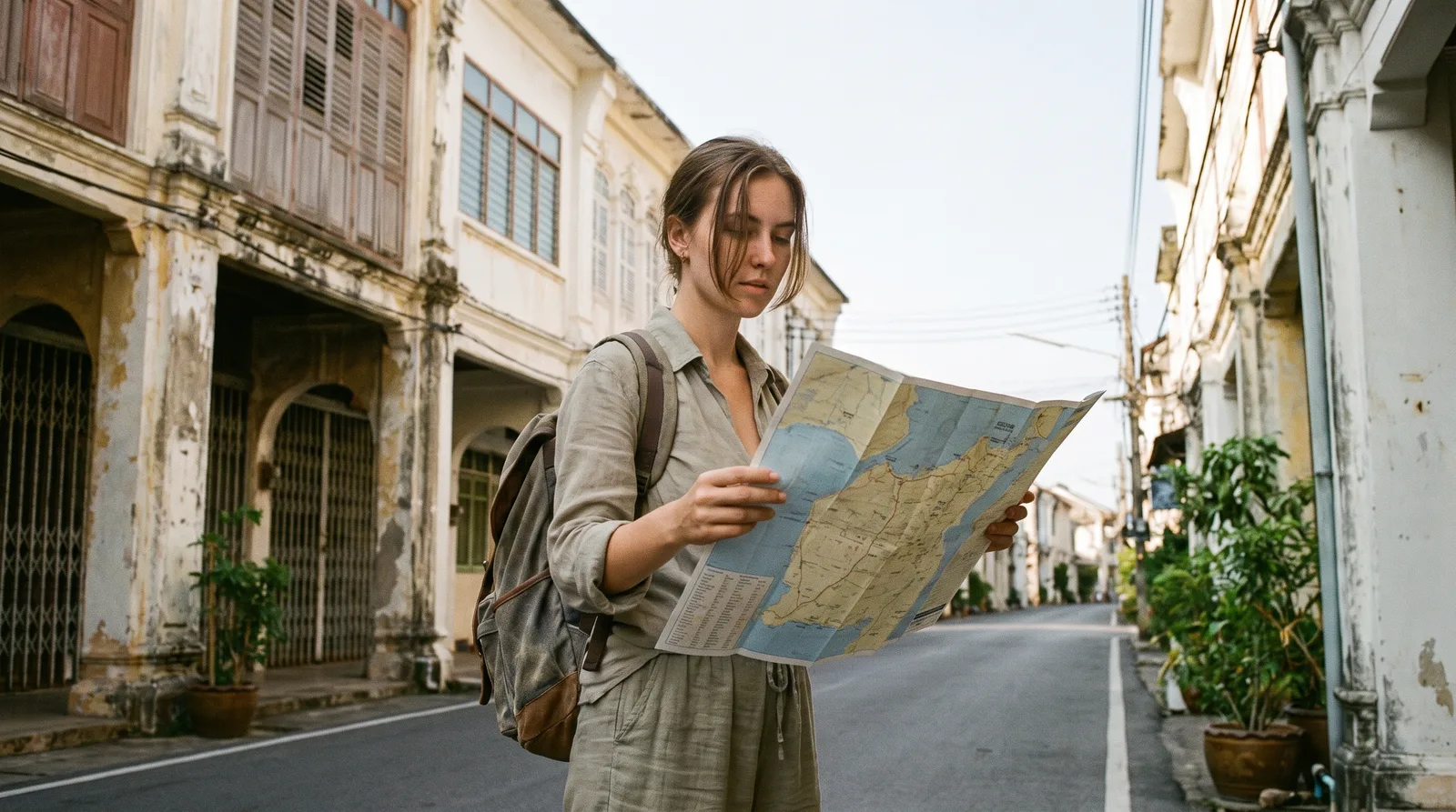 Young traveller checking a map on a Phuket street during independent time on a group tour