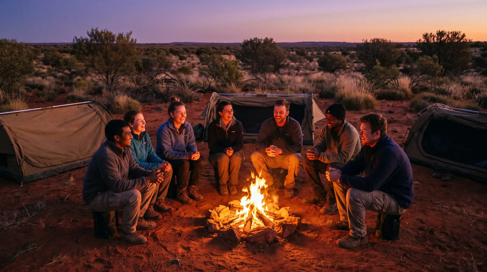 Backpackers gathered around a campfire beside swag tents in the Australian outback