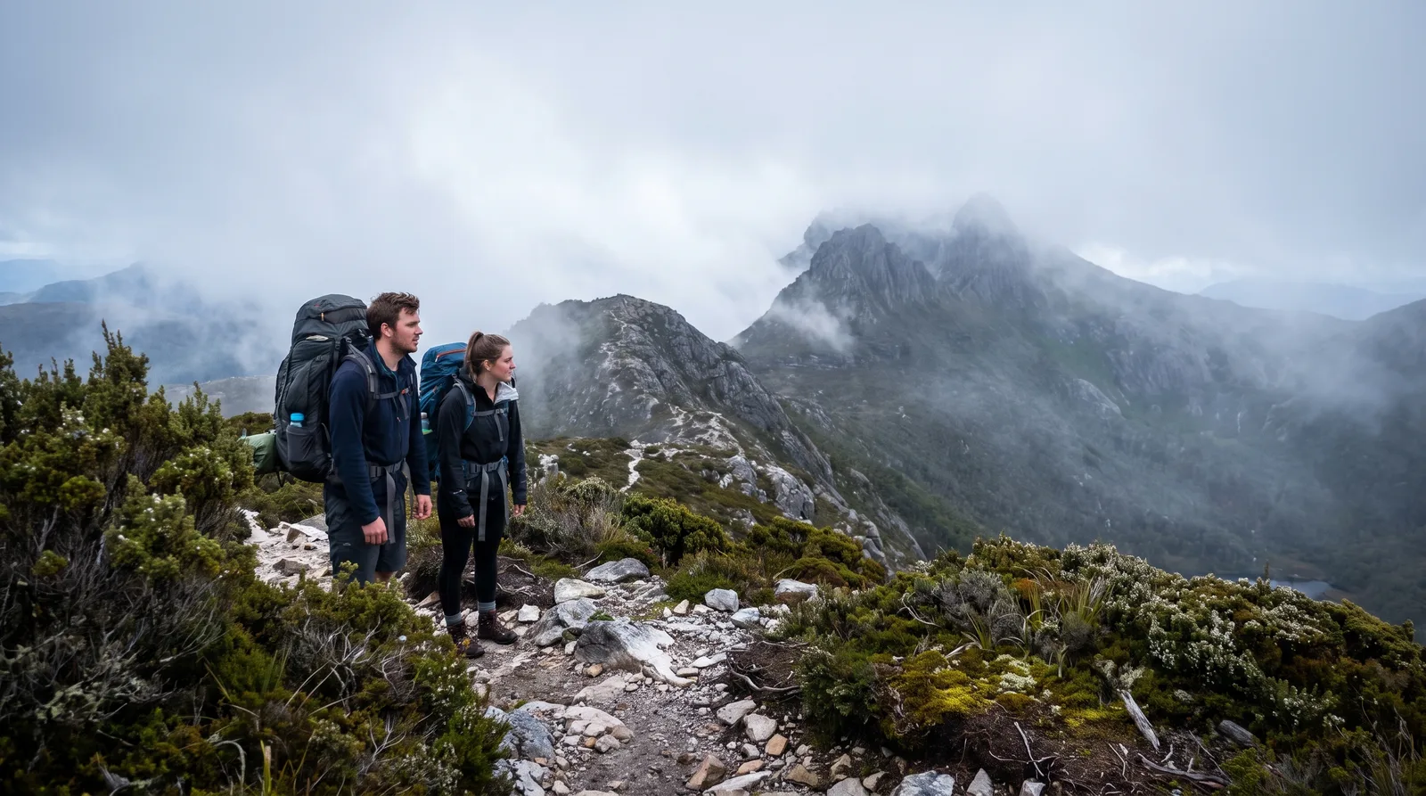 Backpackers hiking a misty mountain trail in Tasmania on a multi-day tour