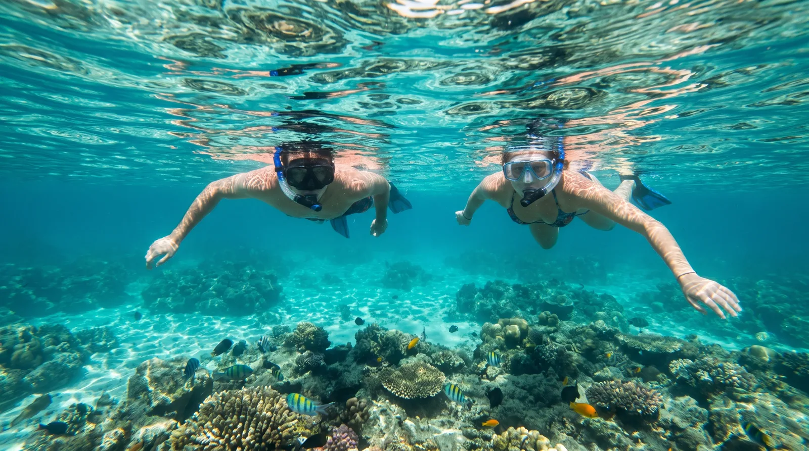 Travellers snorkelling in clear water near the Gili Islands, Indonesia