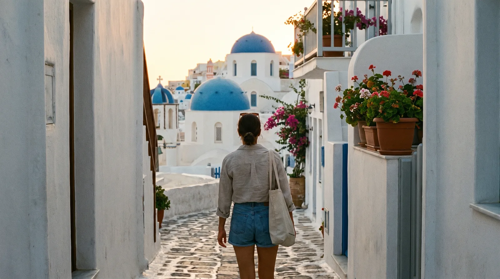 Traveller walking through a whitewashed alleyway in Mykonos Town during island hopping