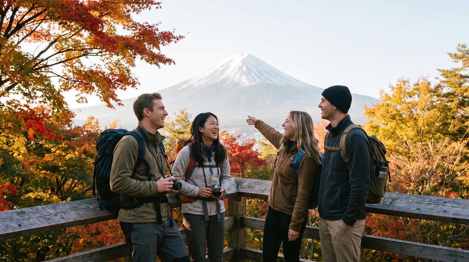 Small group of young travellers viewing Mount Fuji from a wooden platform surrounded by autumn trees