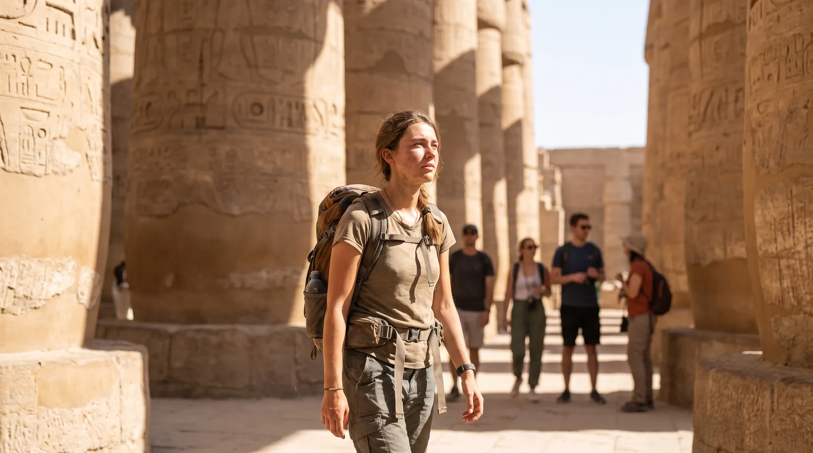 Traveller walking through the towering columns of Karnak Temple in Luxor, Egypt