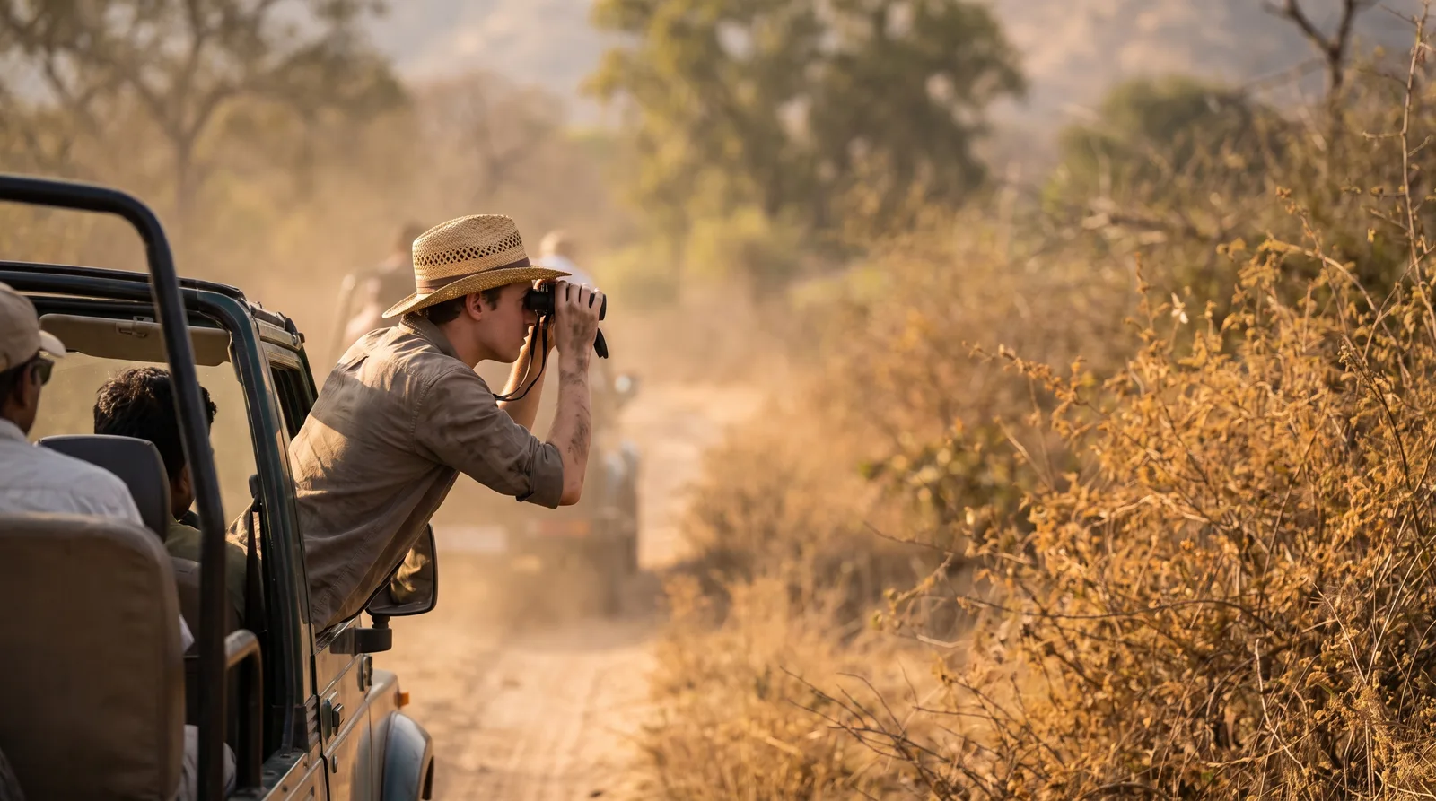 Traveller on a jeep safari scanning for tigers at Ranthambore National Park in Rajasthan
