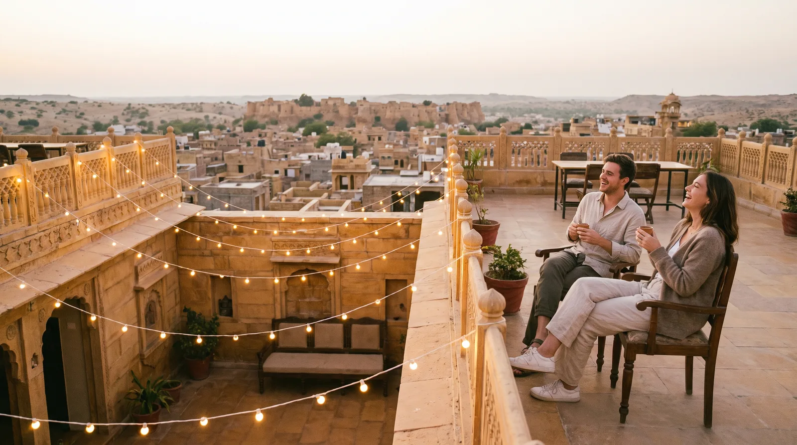 Travellers relaxing at a heritage castle stay in Rajasthan during a small-group India tour