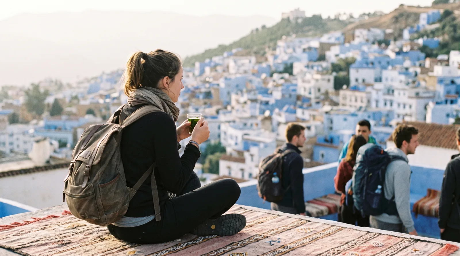 Traveller on a rooftop terrace overlooking the blue streets of Chefchaouen, Morocco