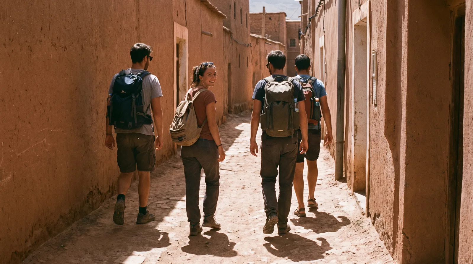 Young travellers walking through a kasbah alley in the Atlas Mountains, Morocco
