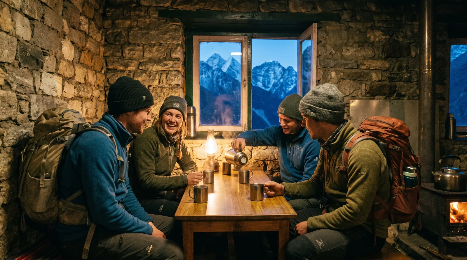 Young trekkers resting at a teahouse in the Khumbu region of Nepal near Everest Base Camp