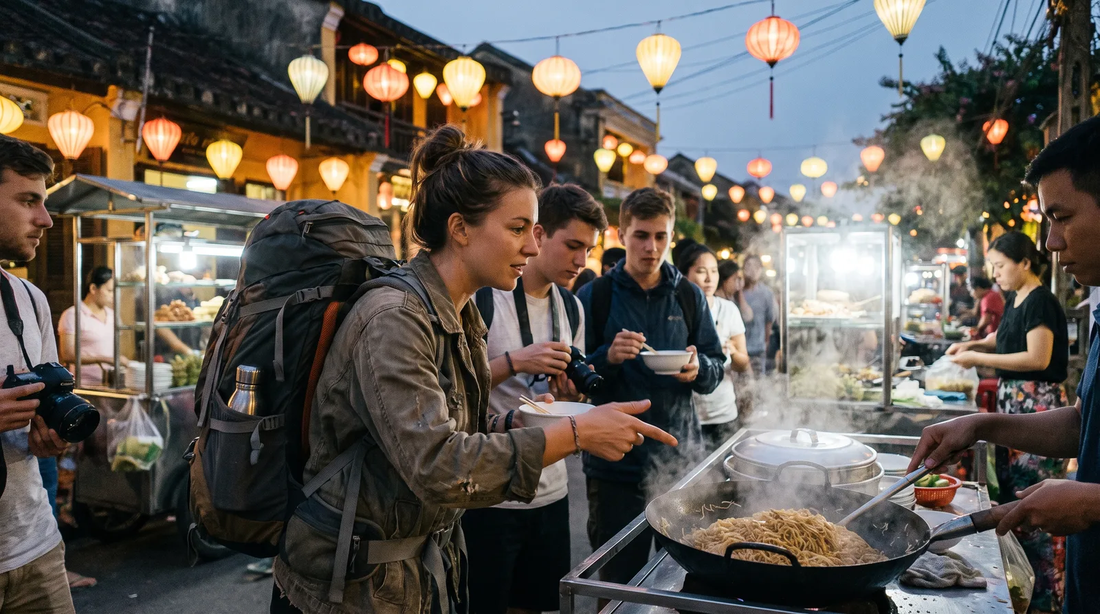 Traveller exploring a lantern-lit night market food stall in Hoi An, Vietnam