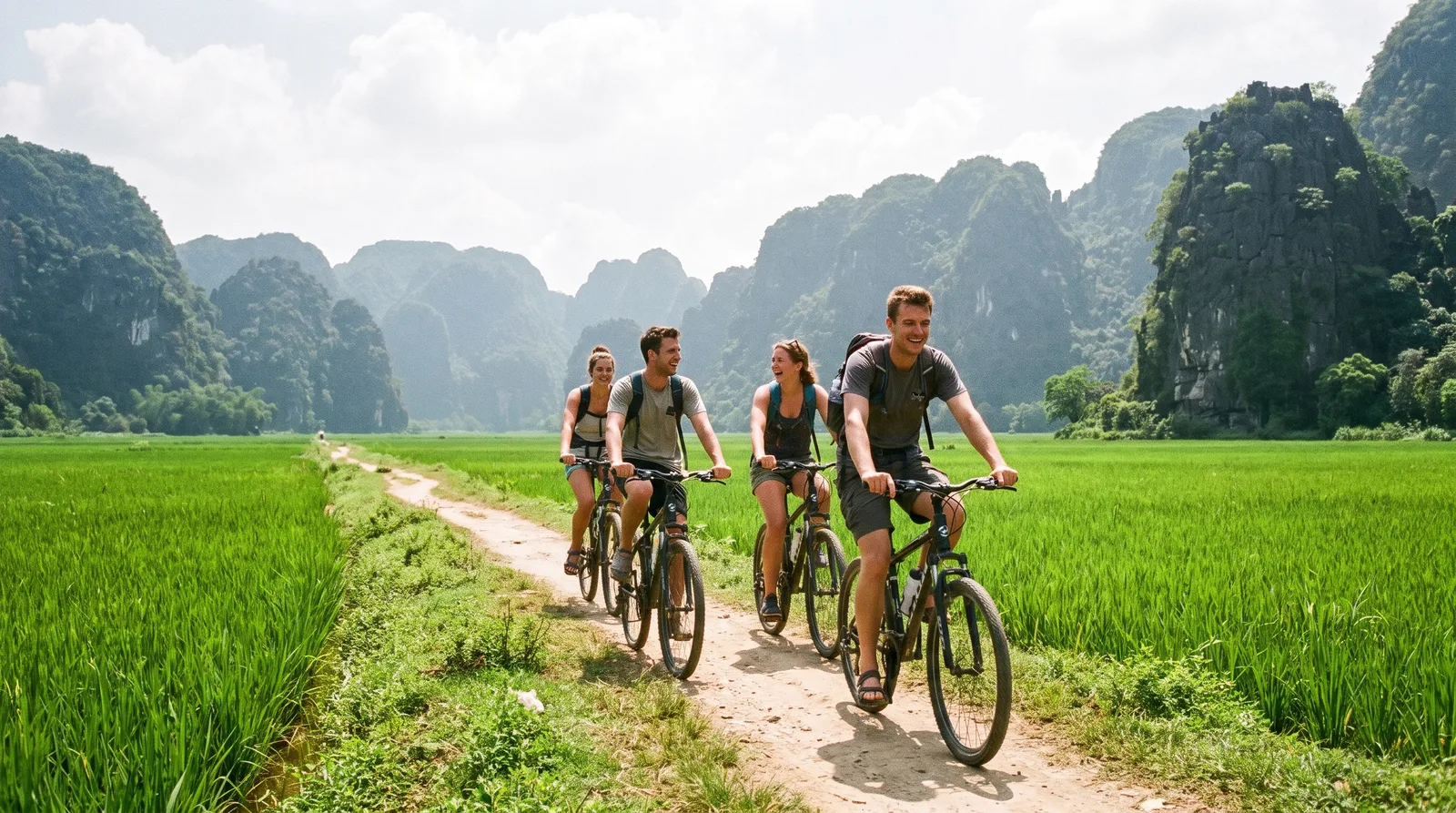 Travellers cycling through the rice paddies of Ninh Binh, Vietnam