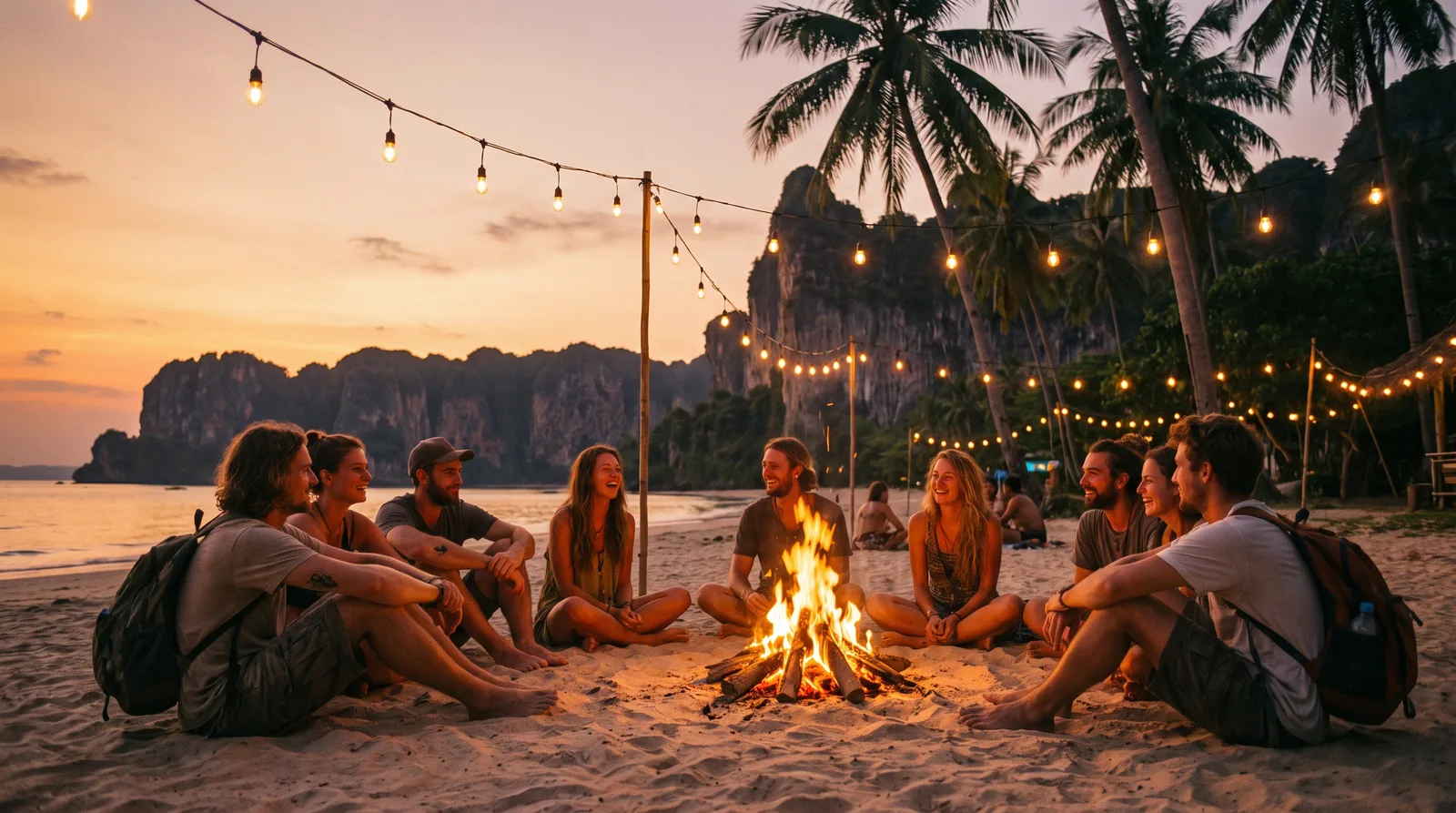 Beach party at dusk on a Thai island popular with small-group tours