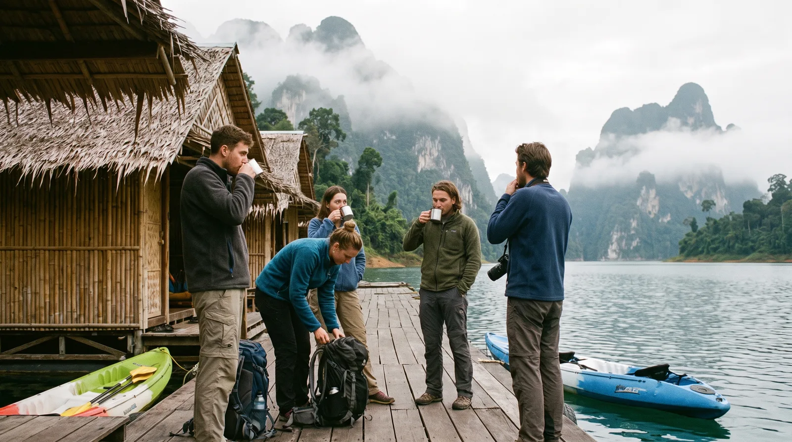 Travellers at the floating bungalows of Khao Sok National Park, Thailand