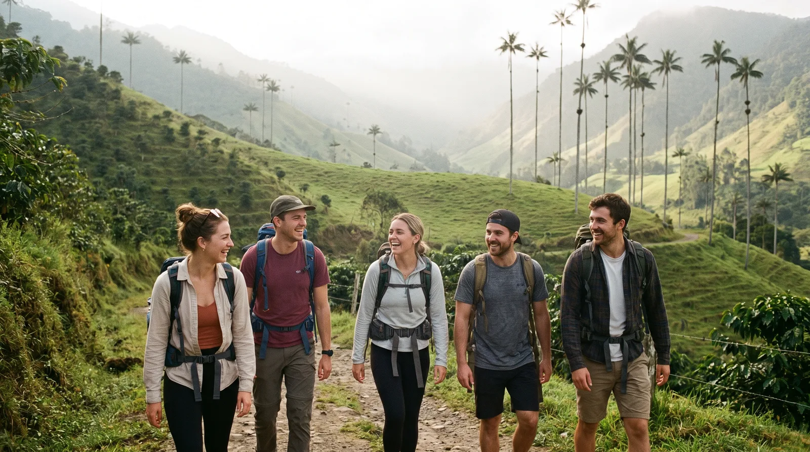 Travellers walking through coffee plantation hills near Salento, Colombia