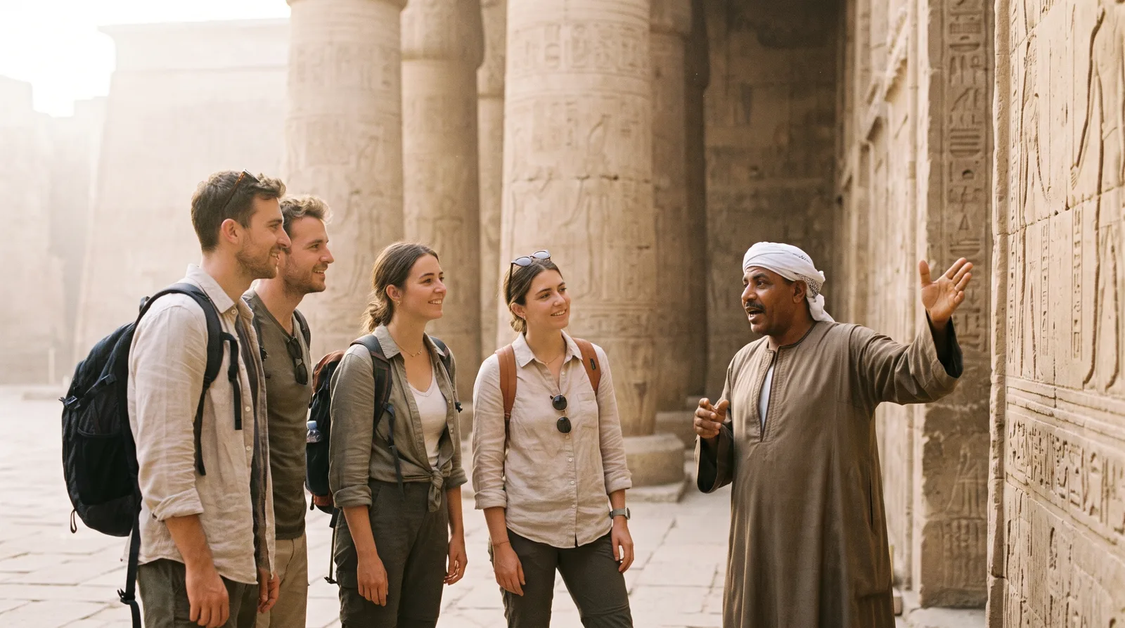 Small group of travellers with their guide at an Egyptian Nile-side temple
