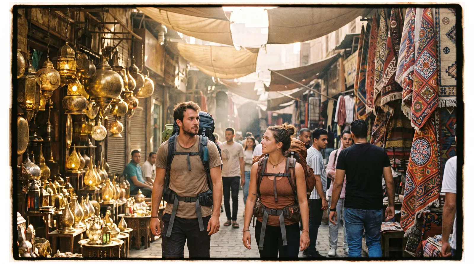 Two young travellers exploring a Cairo bazaar early in the morning