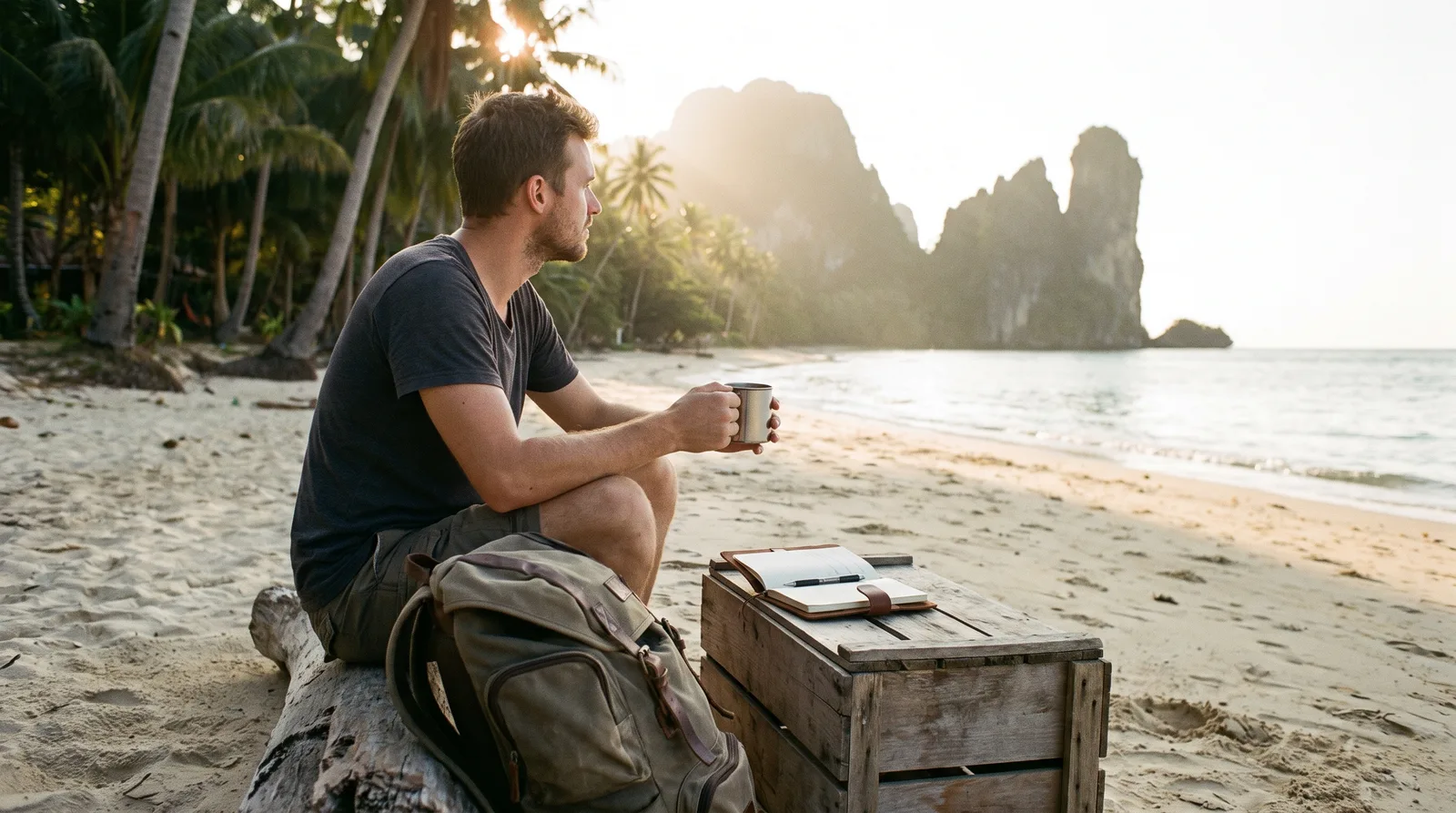 Solo backpacker relaxing alone on a quiet beach in Koh Phi Phi, Thailand, at sunset