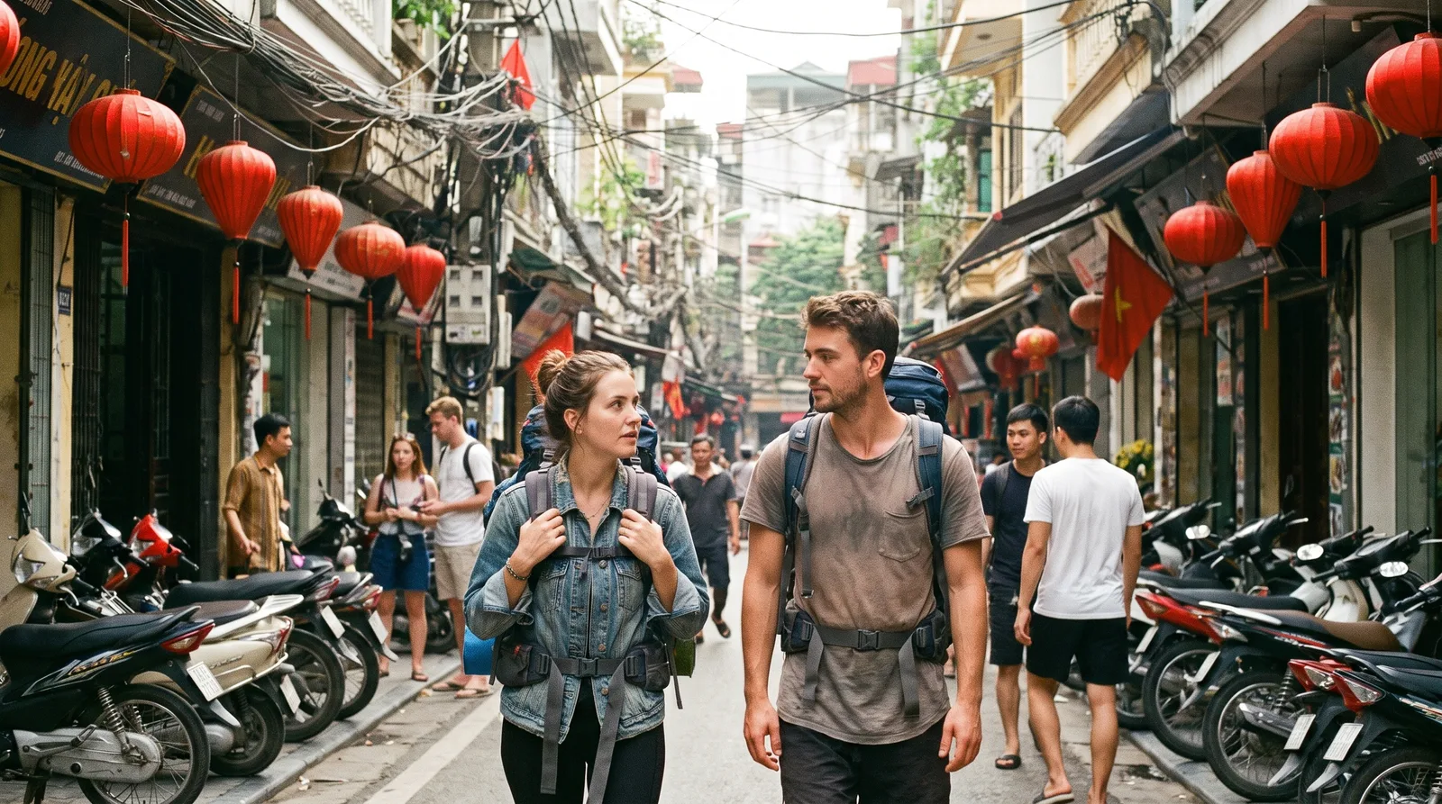 Backpackers walking through a lantern-lined street in Hanoi's Old Quarter