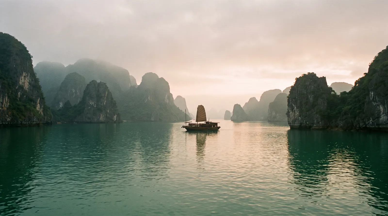 Limestone karst islands and a wooden junk boat on the calm water of Halong Bay