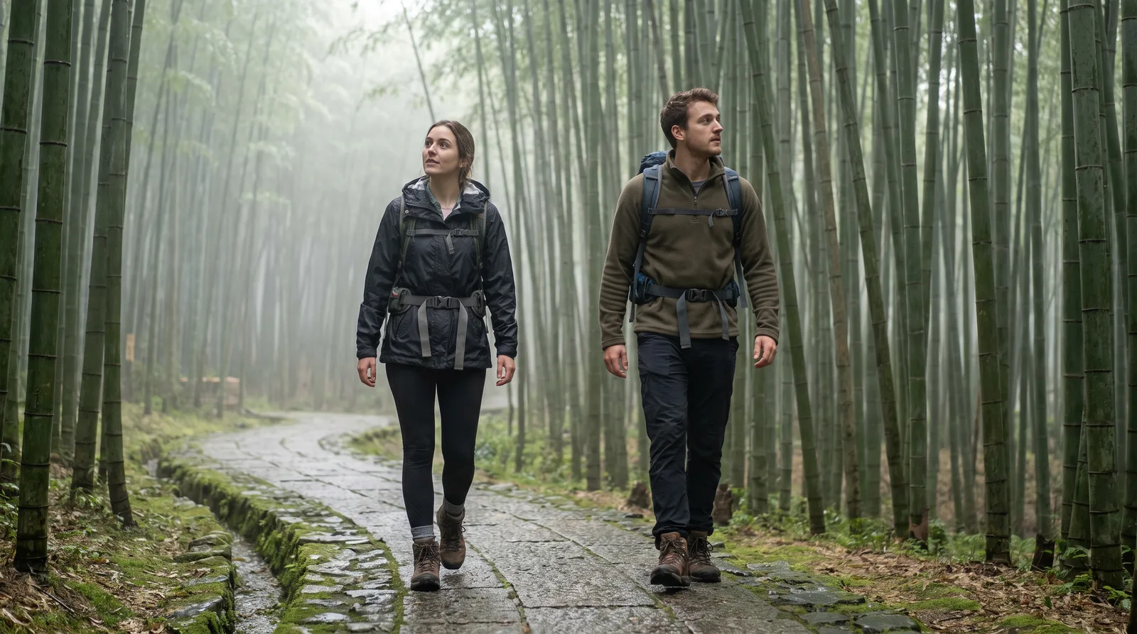 Travellers walking a stone path through a bamboo forest near Kyoto, Japan