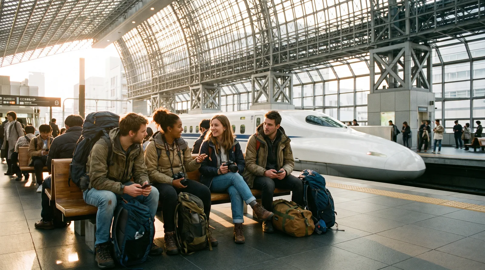 Young travellers waiting for a bullet train at a Japanese station platform
