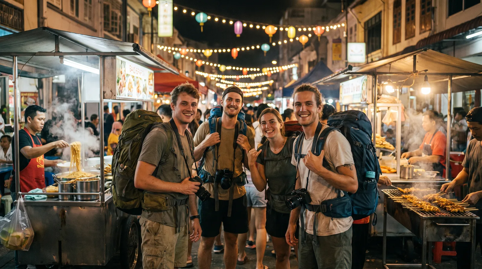 Travellers exploring a night market food stall scene typical of a Southeast Asia group trip