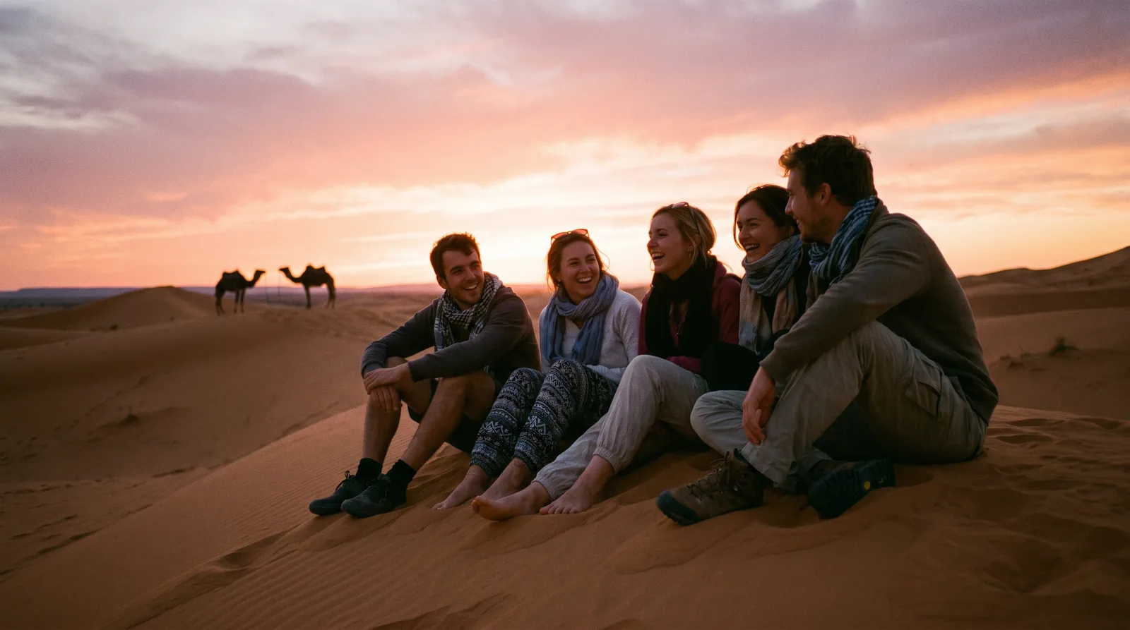 Friends watching sunset over Sahara desert dunes in Morocco on a small-group tour