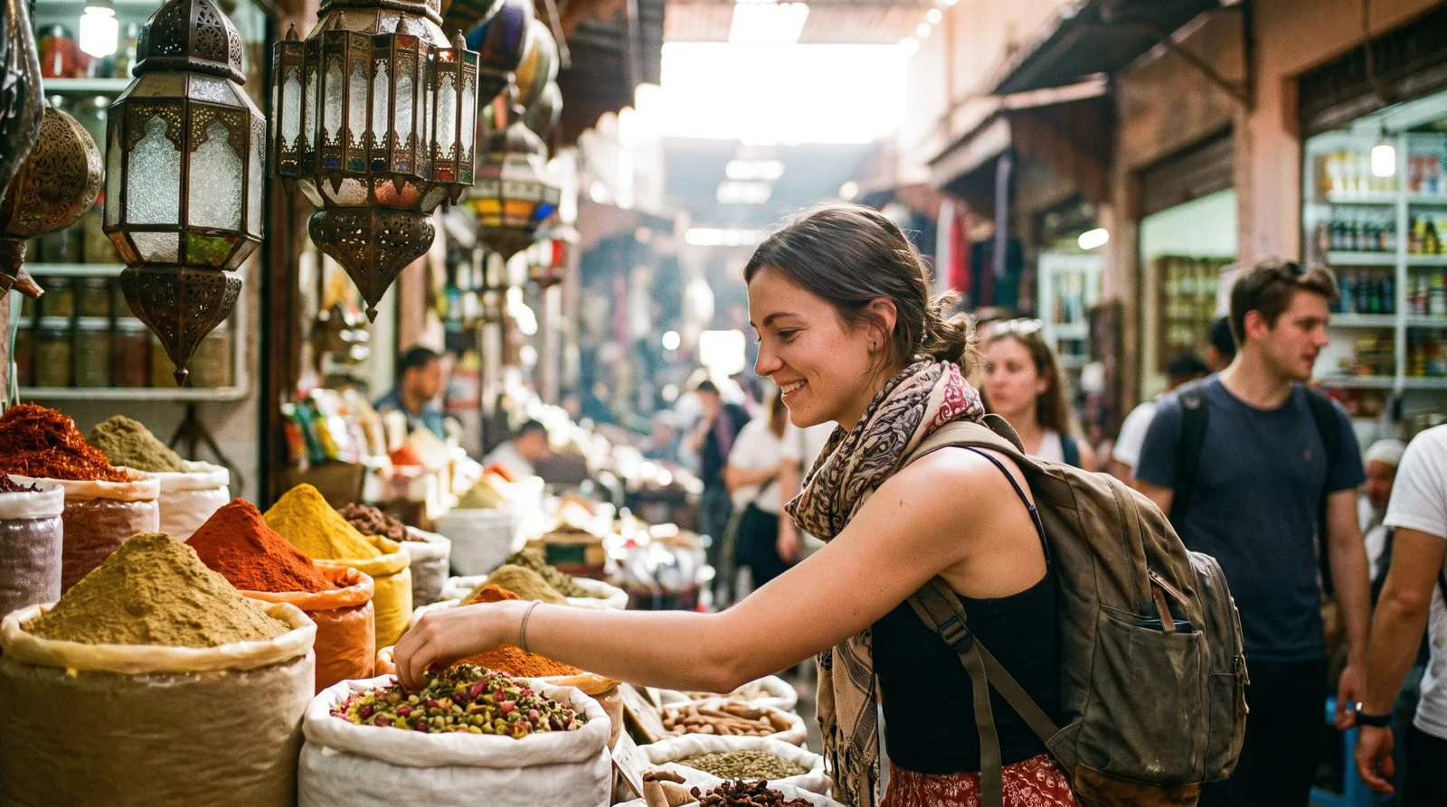 Traveller browsing a spice stall in a traditional Moroccan souk market