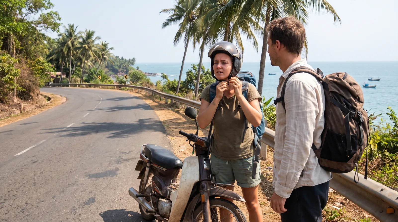 Young travellers fastening a helmet beside a rented scooter on a coastal road