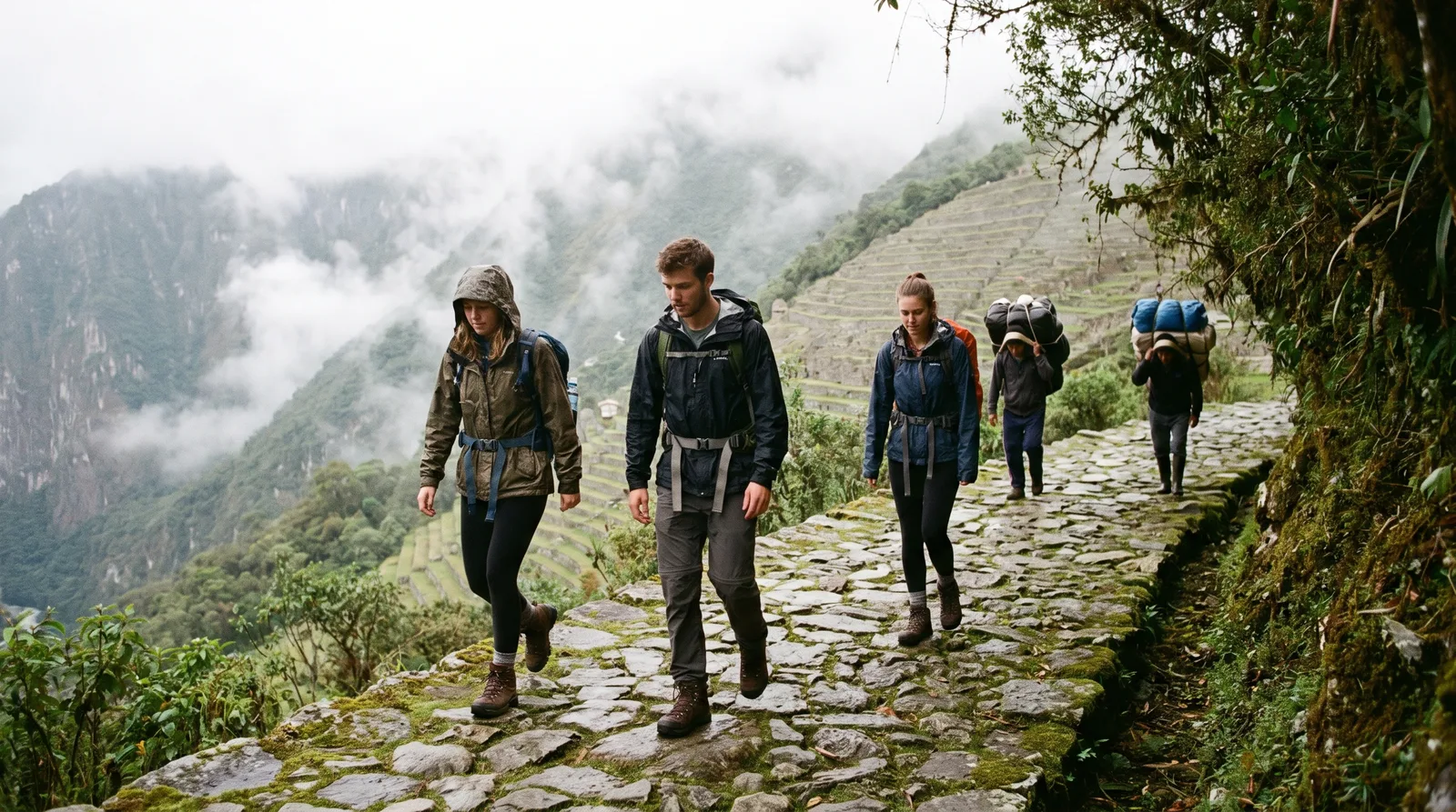 Group of young trekkers hiking the Inca Trail through Andean cloud forest with porters ahead