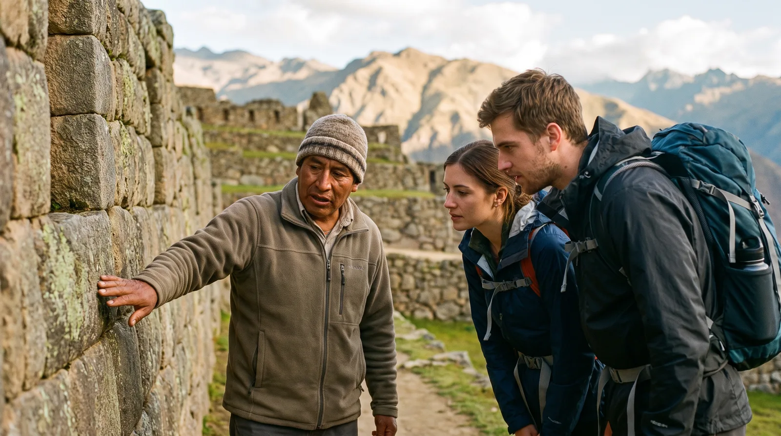 Local guide explaining Inca stonework to young travellers at a Sacred Valley ruin site