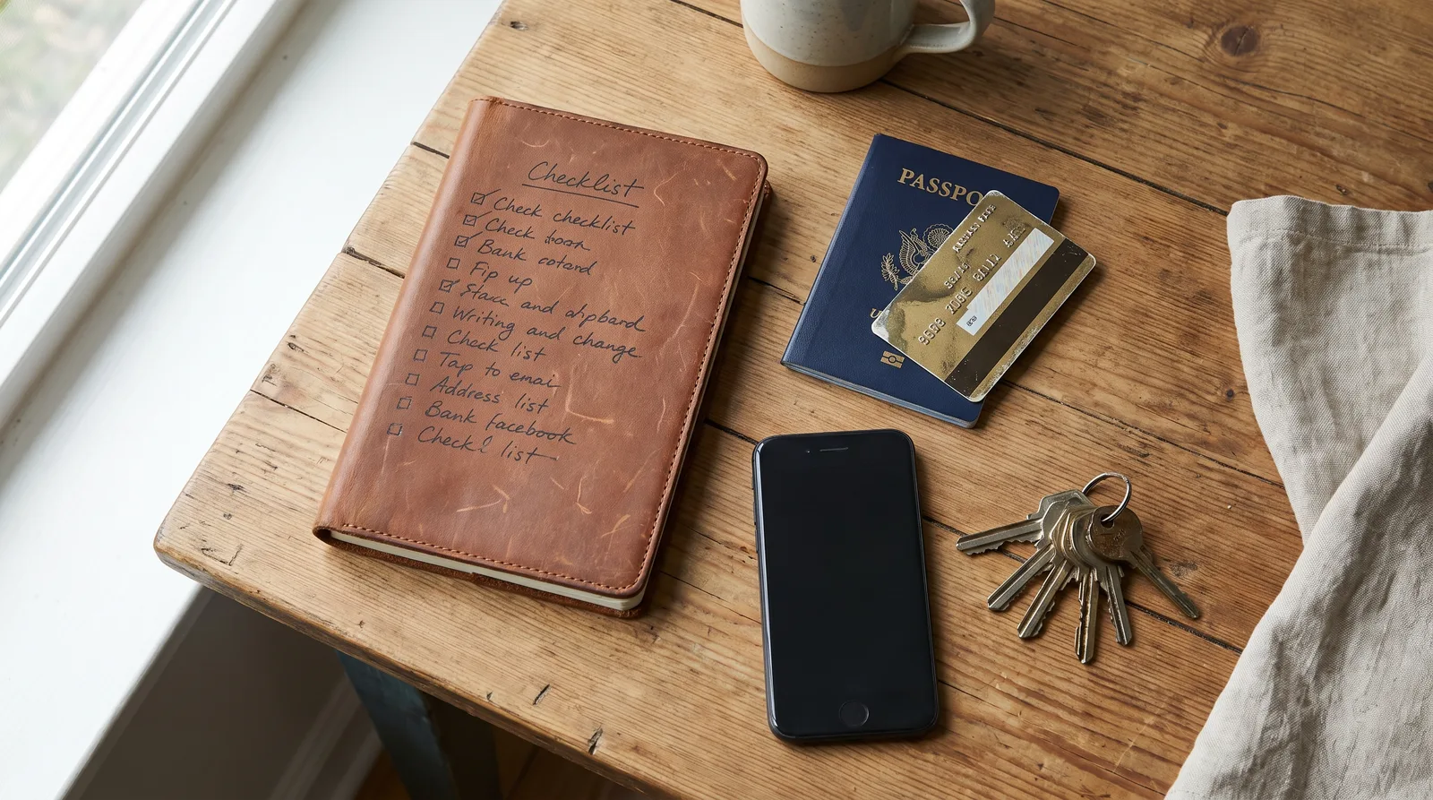 A written pre-trip checklist on a kitchen table beside a passport, a bank card and a phone