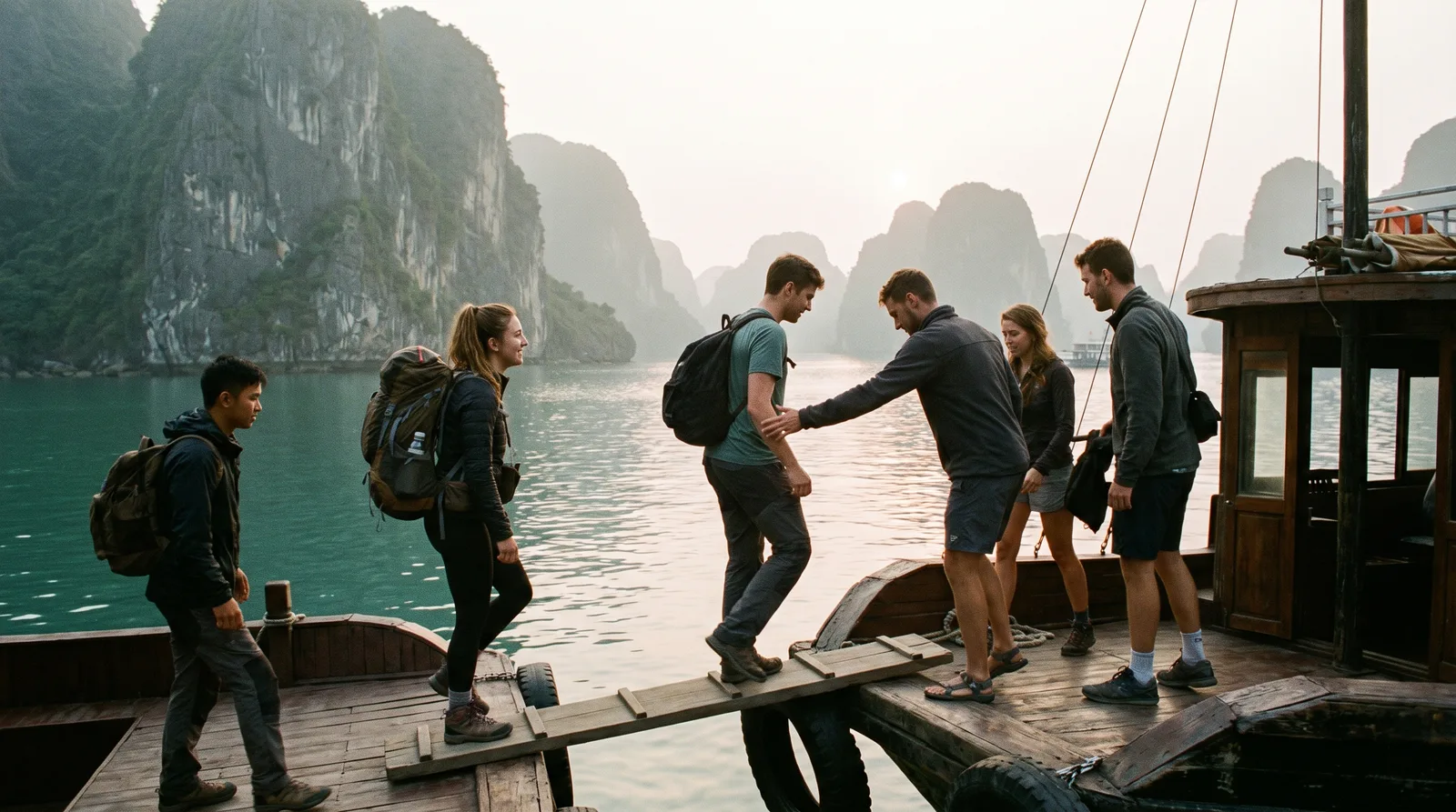 Solo traveller joining a small group boat trip on Ha Long Bay, Vietnam at sunrise
