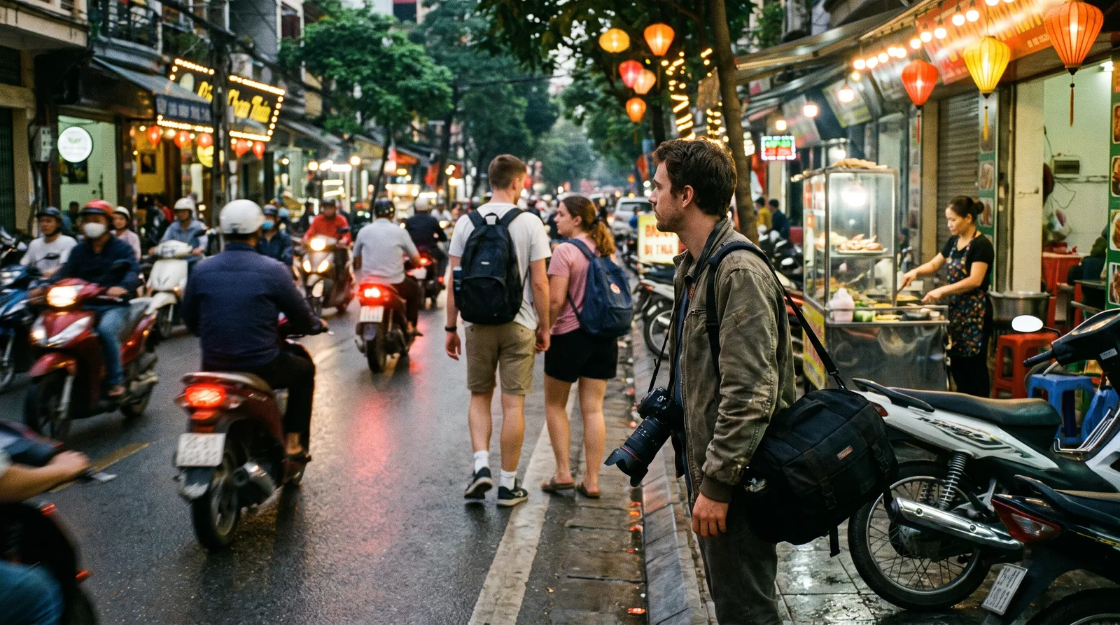Solo traveller pausing to cross a busy motorbike-filled street in Hanoi at dusk
