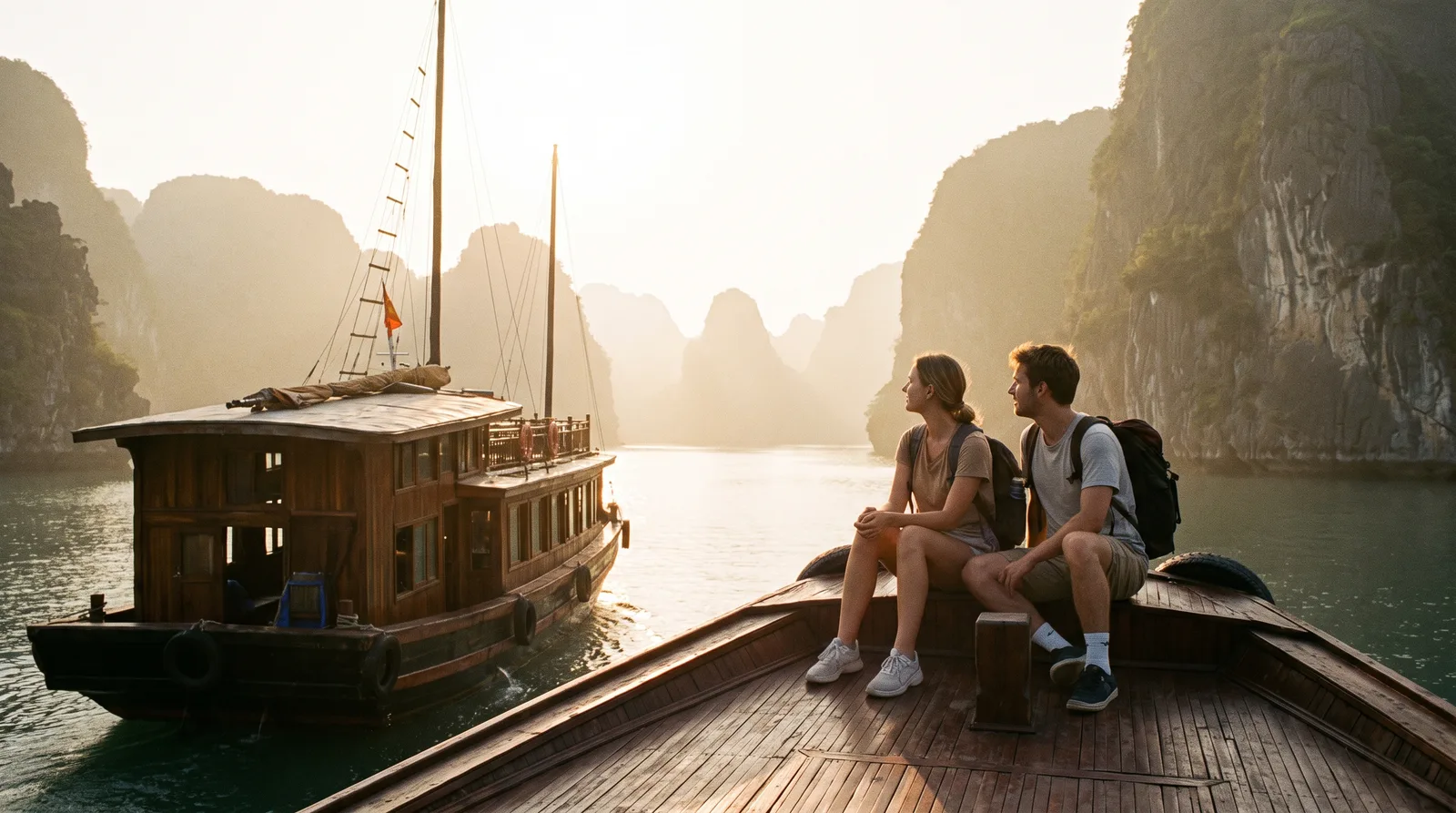 Travellers on a boat cruising past limestone karsts in Ha Long Bay, Vietnam