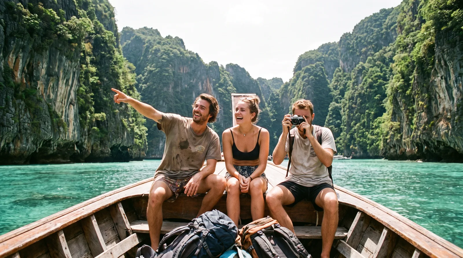 Travellers on a longtail boat touring the limestone cliffs of Phi Phi Islands, Thailand
