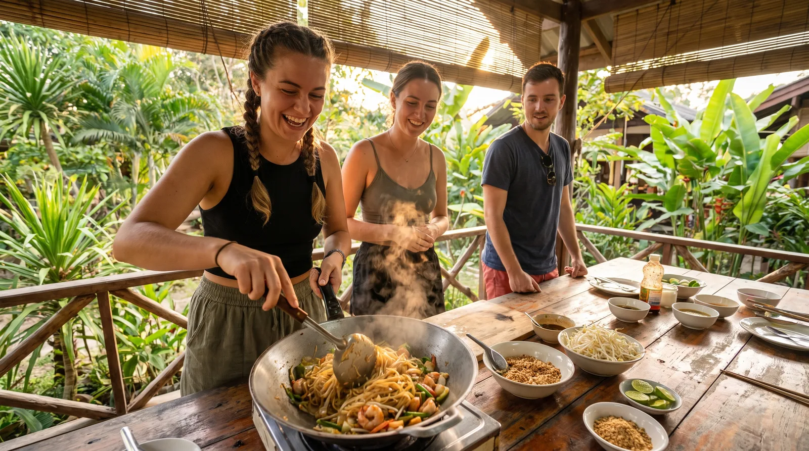 Young travellers taking part in a Thai cooking class as part of a group tour