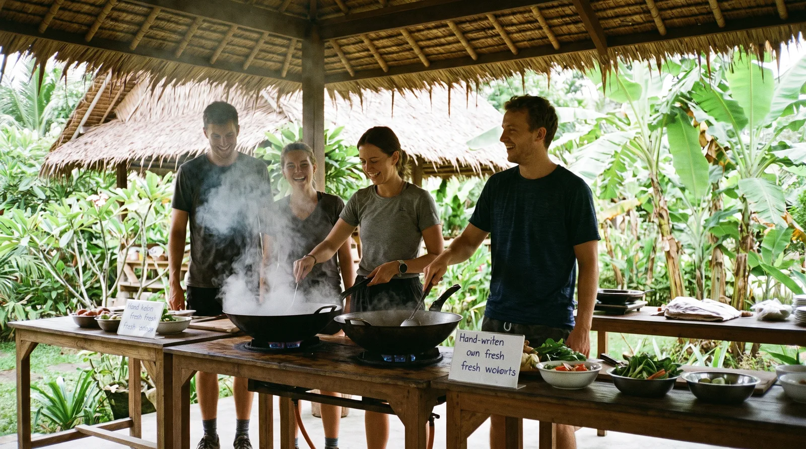 Backpackers taking part in a Thai cooking class during a group tour