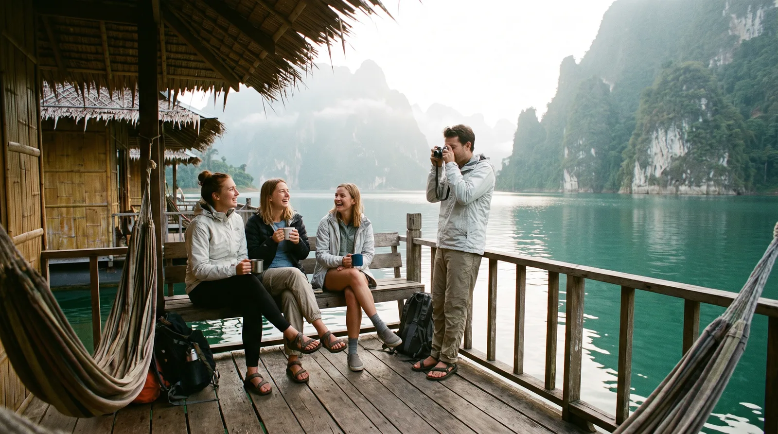 Travellers relaxing on floating bungalows at Khao Sok lake in Thailand