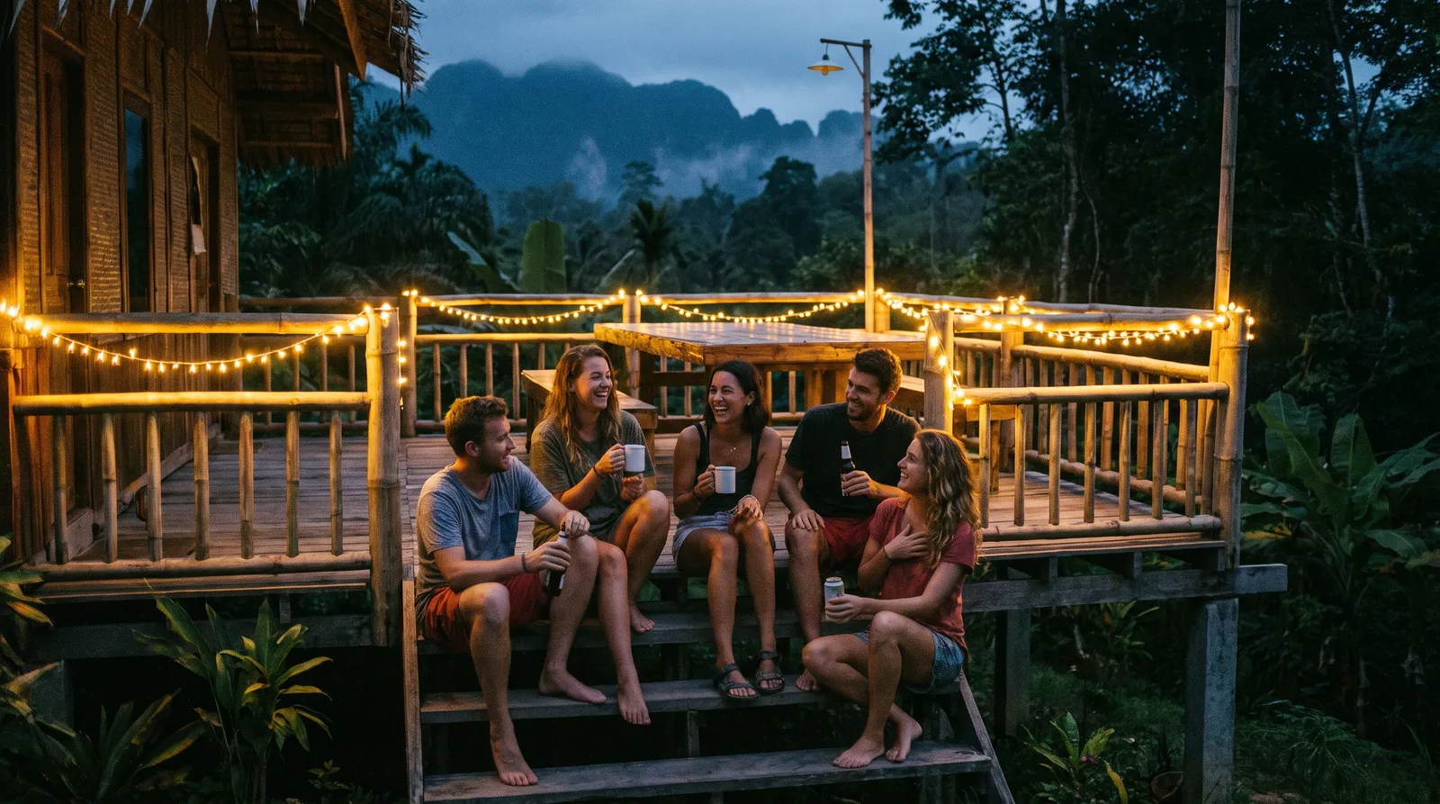 Travellers relaxing outside jungle bungalows at dusk in Khao Sok, Thailand