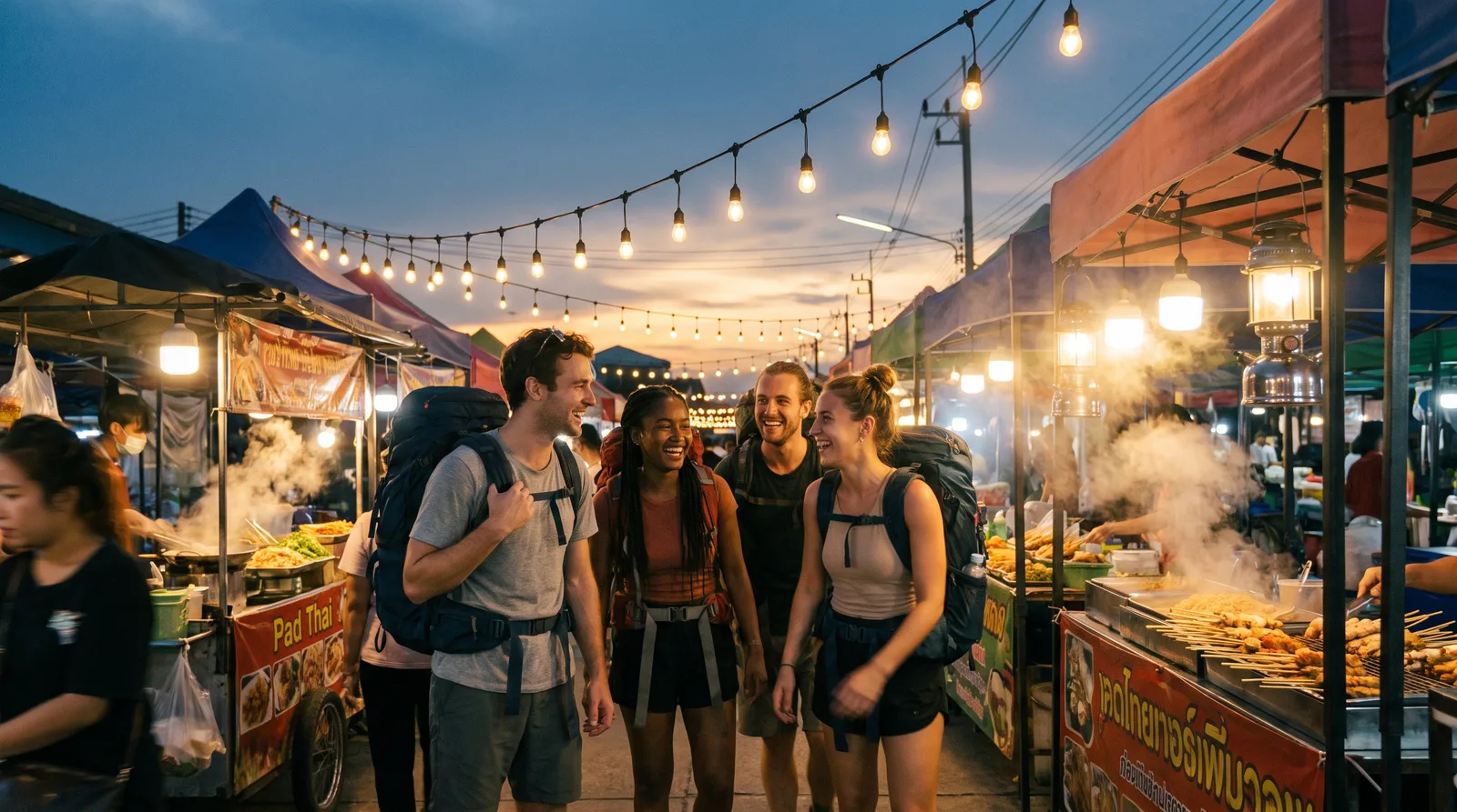 Group of young backpackers walking together through a Thai night market at dusk