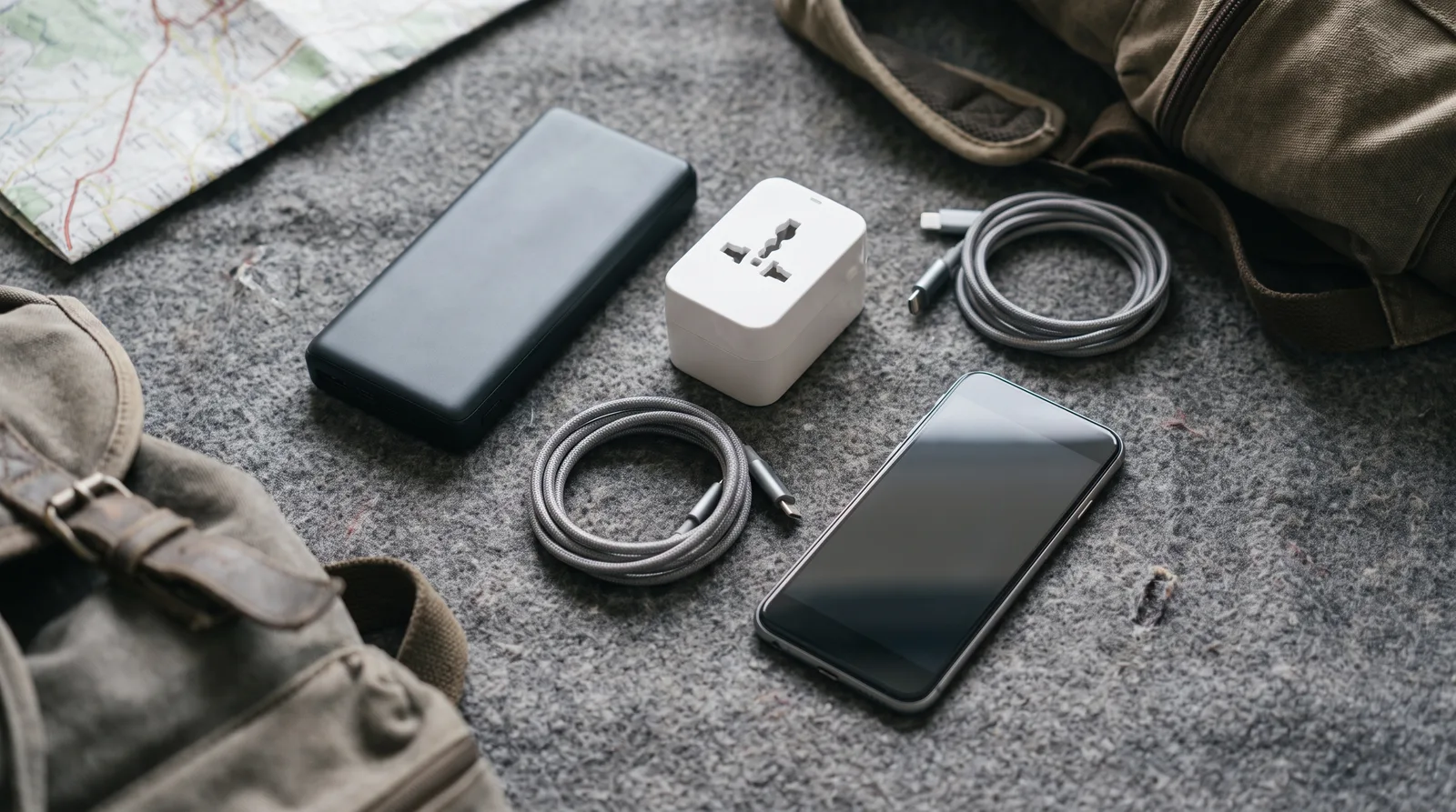 Travel tech laid out on a hostel bed — power bank, universal adapter, braided cables and a phone